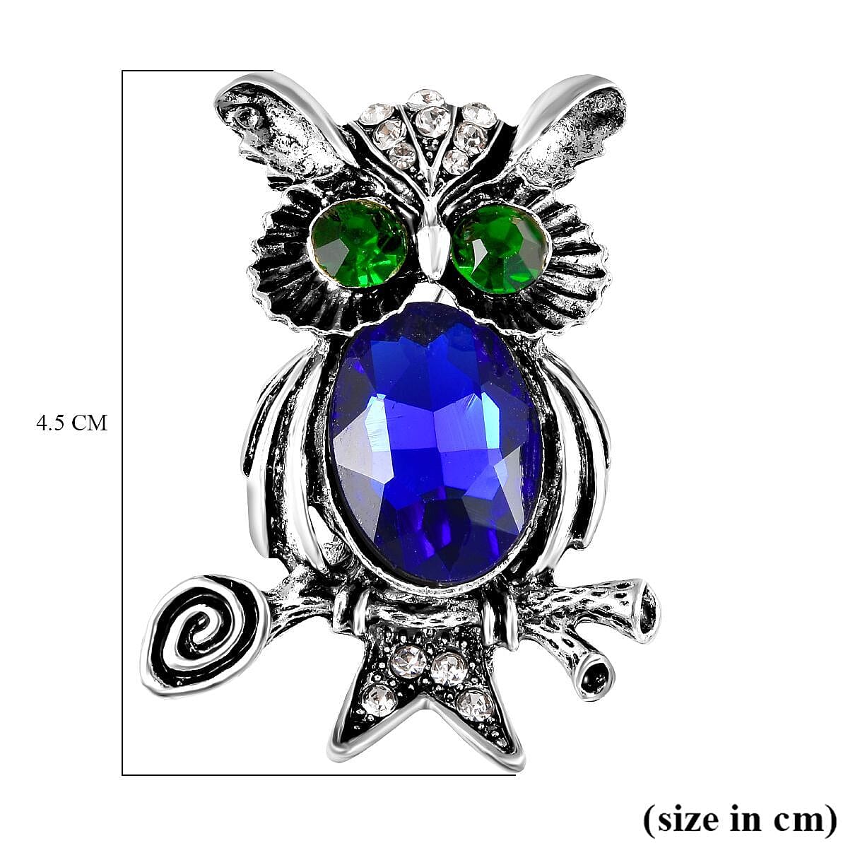 Simulated Blue Topaz, White & Green Austrian Crystal Enamelled Owl Couple Brooch in Silver Tone