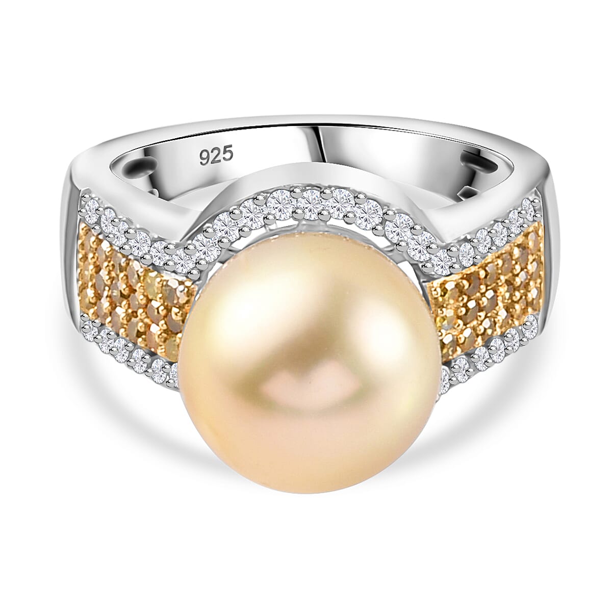 Golden South Sea Pearl, Yellow Diamond and White Diamond Ring in Platinum Overlay Sterling Silver