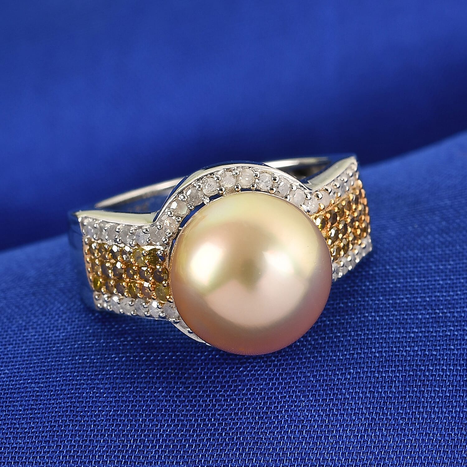 Golden South Sea Pearl, Yellow Diamond and White Diamond Ring in Platinum Overlay Sterling Silver