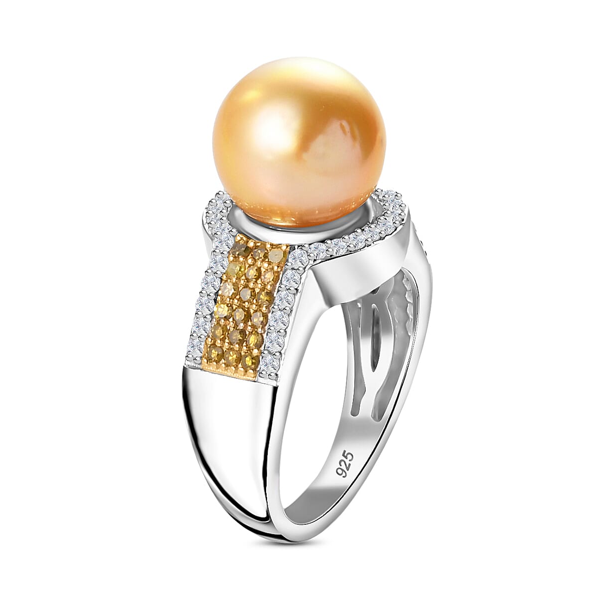 Golden South Sea Pearl, Yellow Diamond and White Diamond Ring in Platinum Overlay Sterling Silver