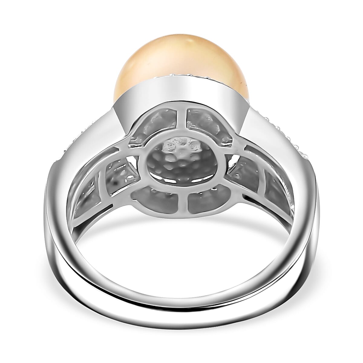 Golden South Sea Pearl, Yellow Diamond and White Diamond Ring in Platinum Overlay Sterling Silver