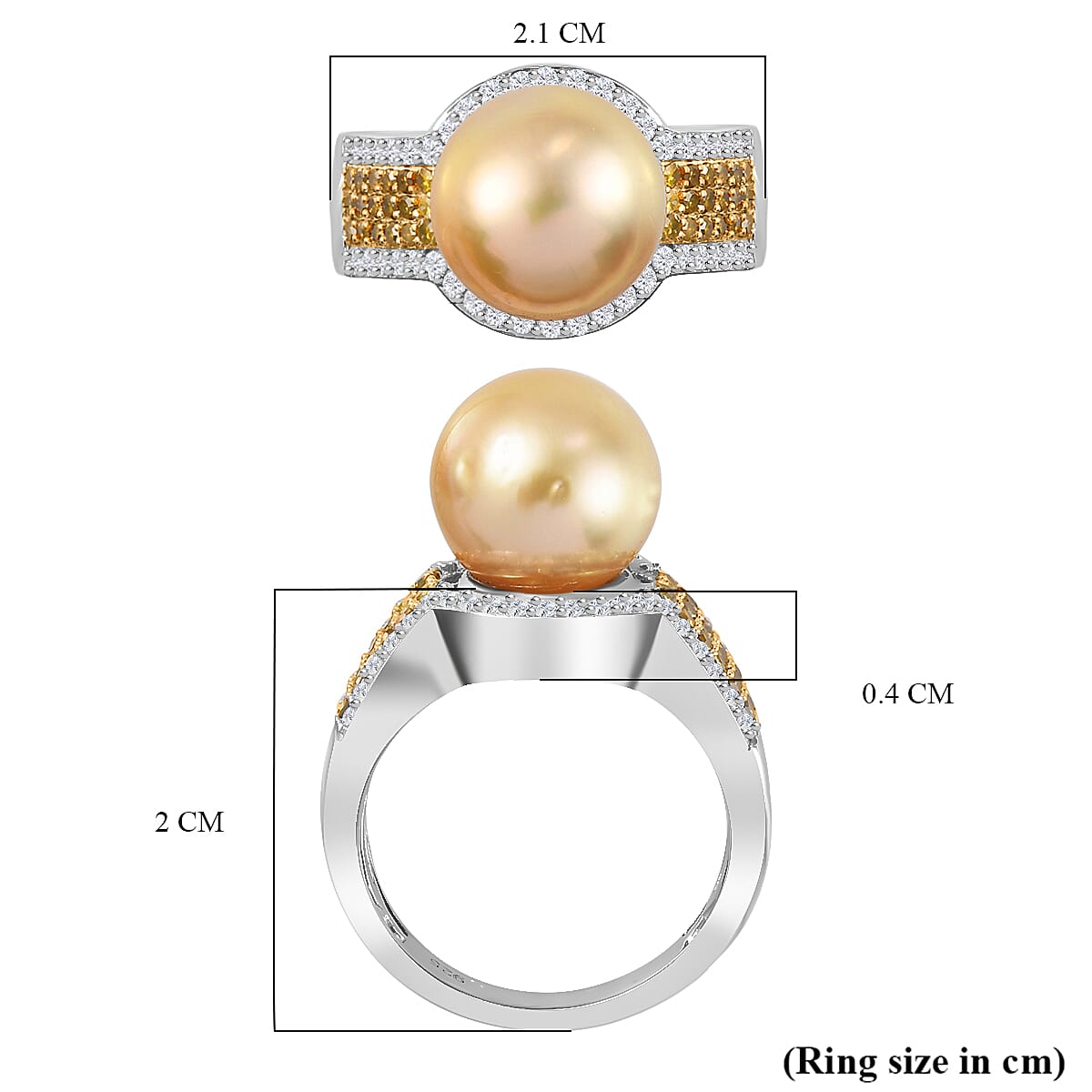 Golden South Sea Pearl, Yellow Diamond and White Diamond Ring in Platinum Overlay Sterling Silver