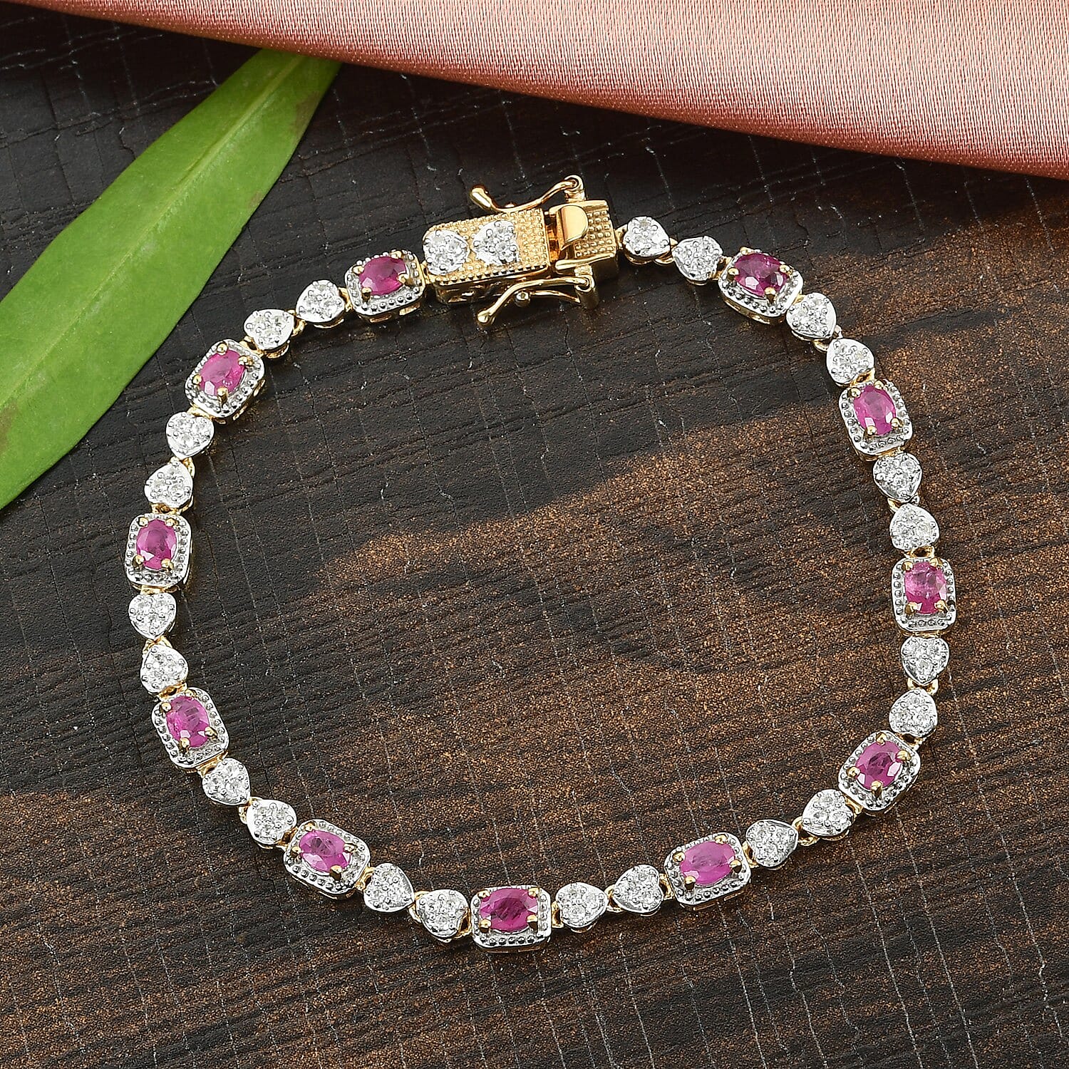 Zircon, Ruby Line Bracelet 1 Row (Size - 7) in 14K Gold Overlay Sterling Silver 2.75 ct, Silver Wt. 9.5 Gms 2.750 Ct.