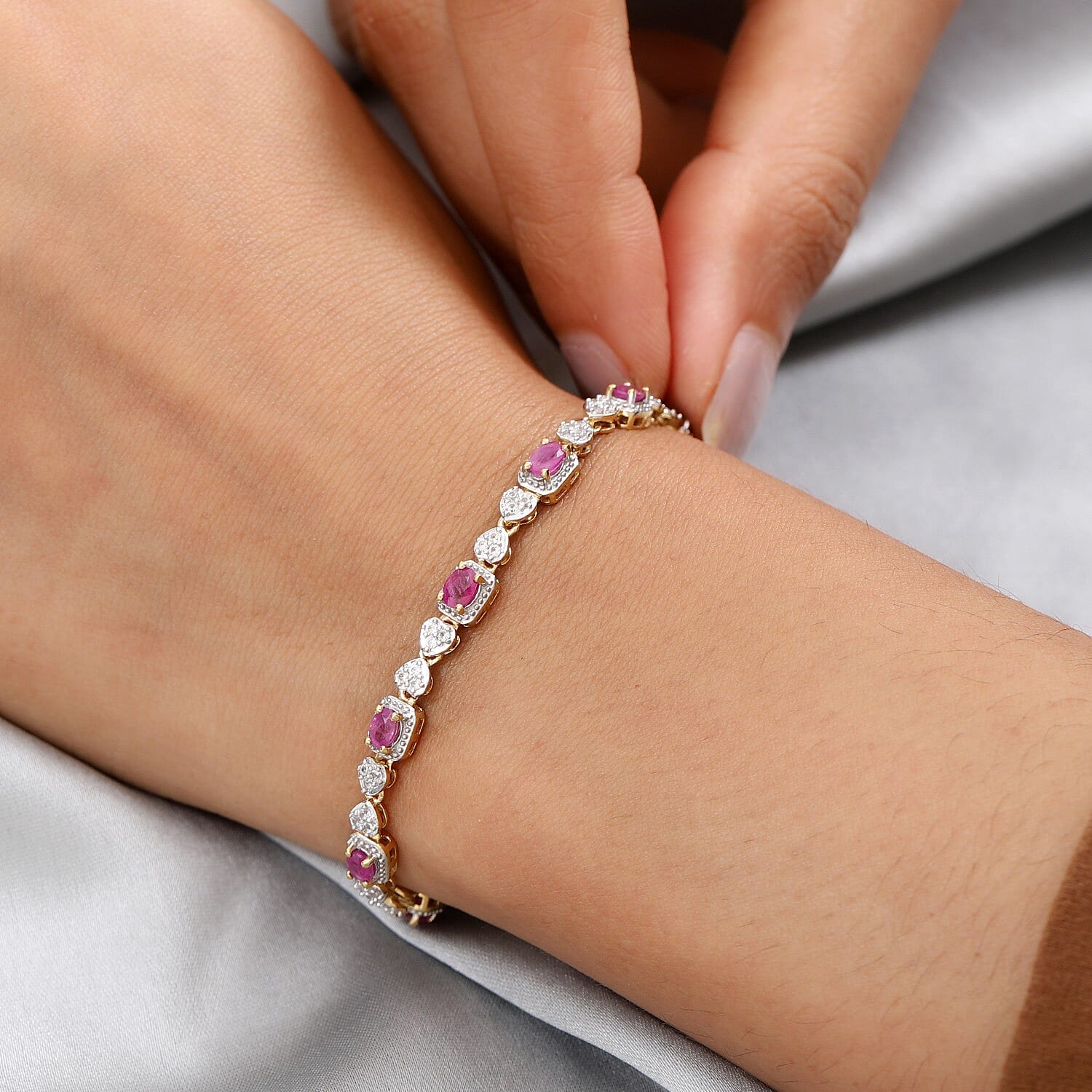 Zircon, Ruby Line Bracelet 1 Row (Size - 7) in 14K Gold Overlay Sterling Silver 2.75 ct, Silver Wt. 9.5 Gms 2.750 Ct.