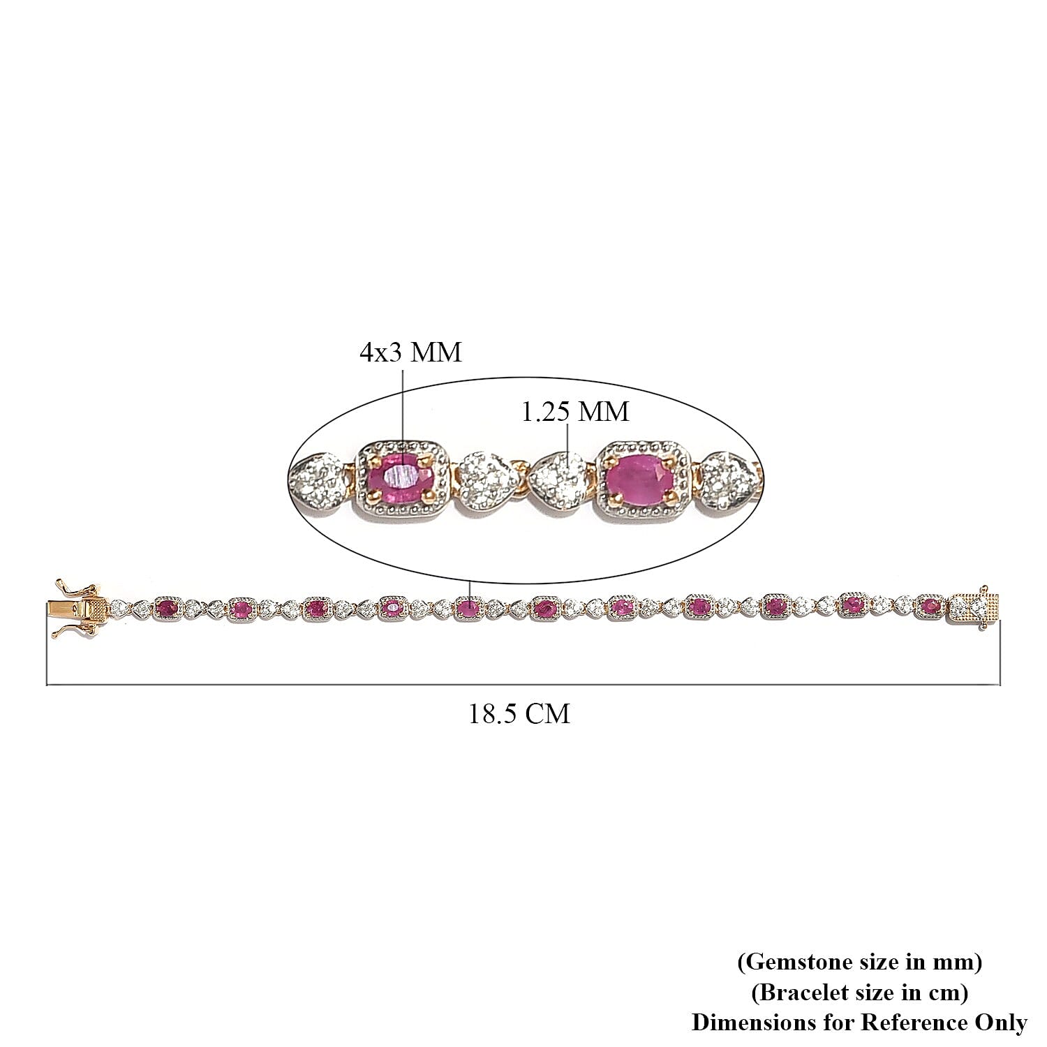 Zircon, Ruby Line Bracelet 1 Row (Size - 7) in 14K Gold Overlay Sterling Silver 2.75 ct, Silver Wt. 9.5 Gms 2.750 Ct.