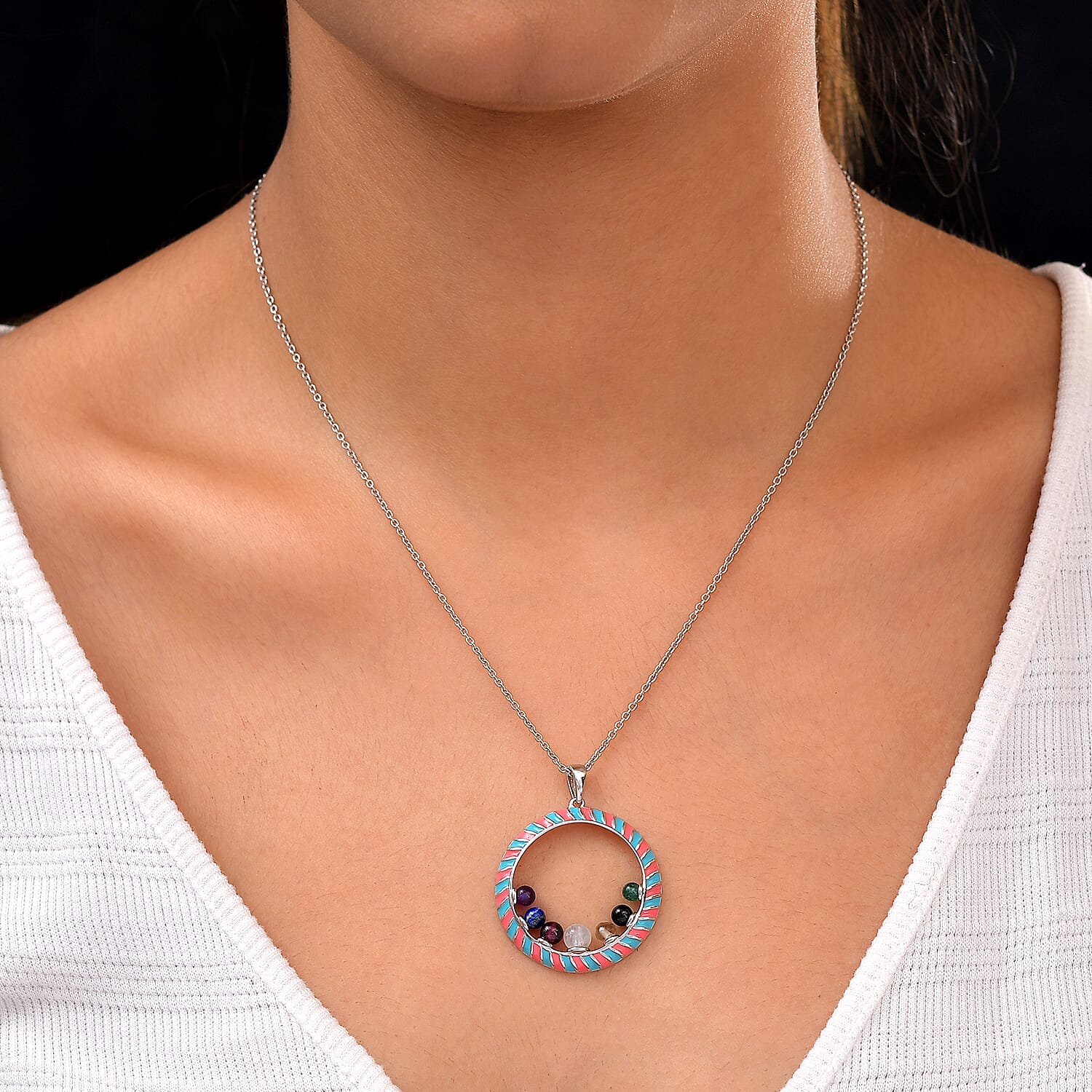 Multi Gemstone Circle Enamelled Pendant 4.00 Ct.