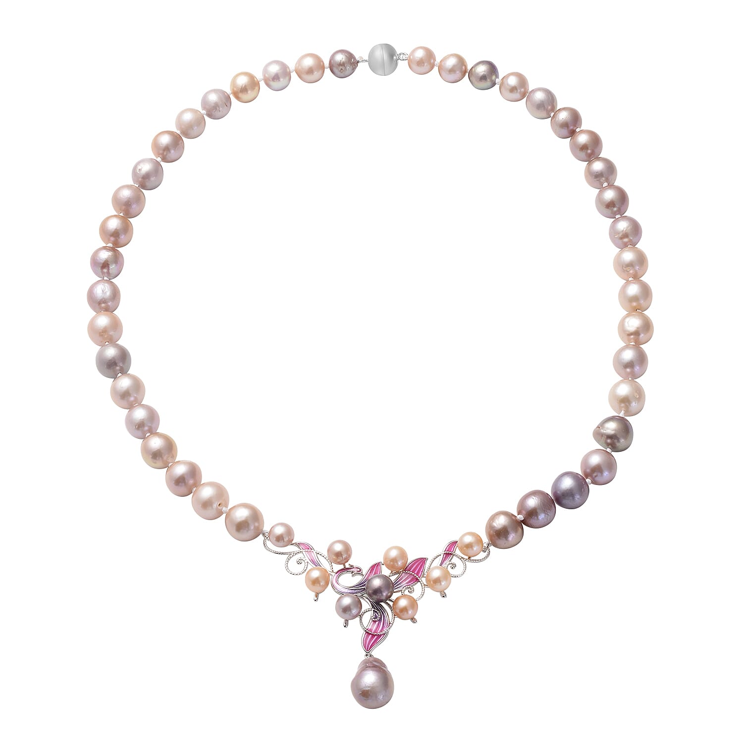 Multi Colour Edison Pearl Enamelled Necklace (Size - 20) with Magnetic Lock in Sterling Silver, Silver Wt. 5.00 Gms