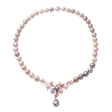 Multi Colour Edison Pearl Enamelled Necklace (Size - 20) with Magnetic Lock in Sterling Silver, Silver Wt. 5.00 Gms