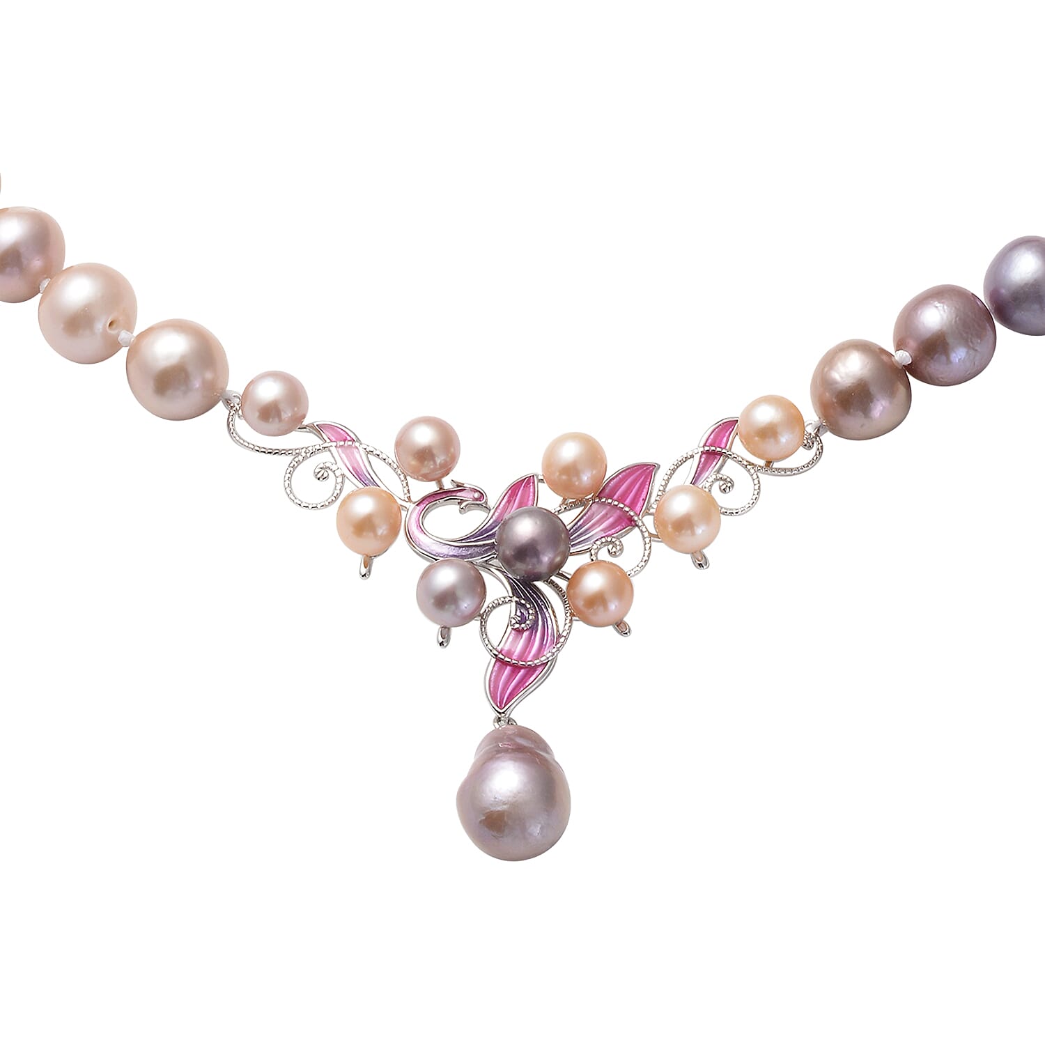 Multi Colour Edison Pearl Enamelled Necklace (Size - 20) with Magnetic Lock in Sterling Silver, Silver Wt. 5.00 Gms