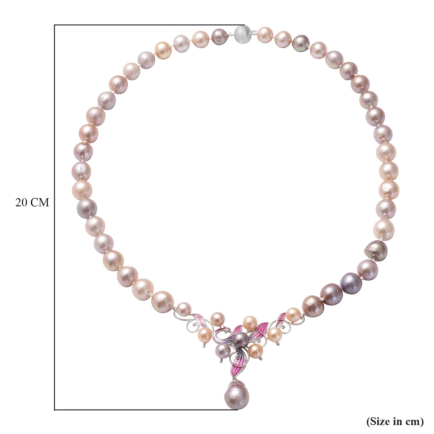 Multi Colour Edison Pearl Enamelled Necklace (Size - 20) with Magnetic Lock in Sterling Silver, Silver Wt. 5.00 Gms
