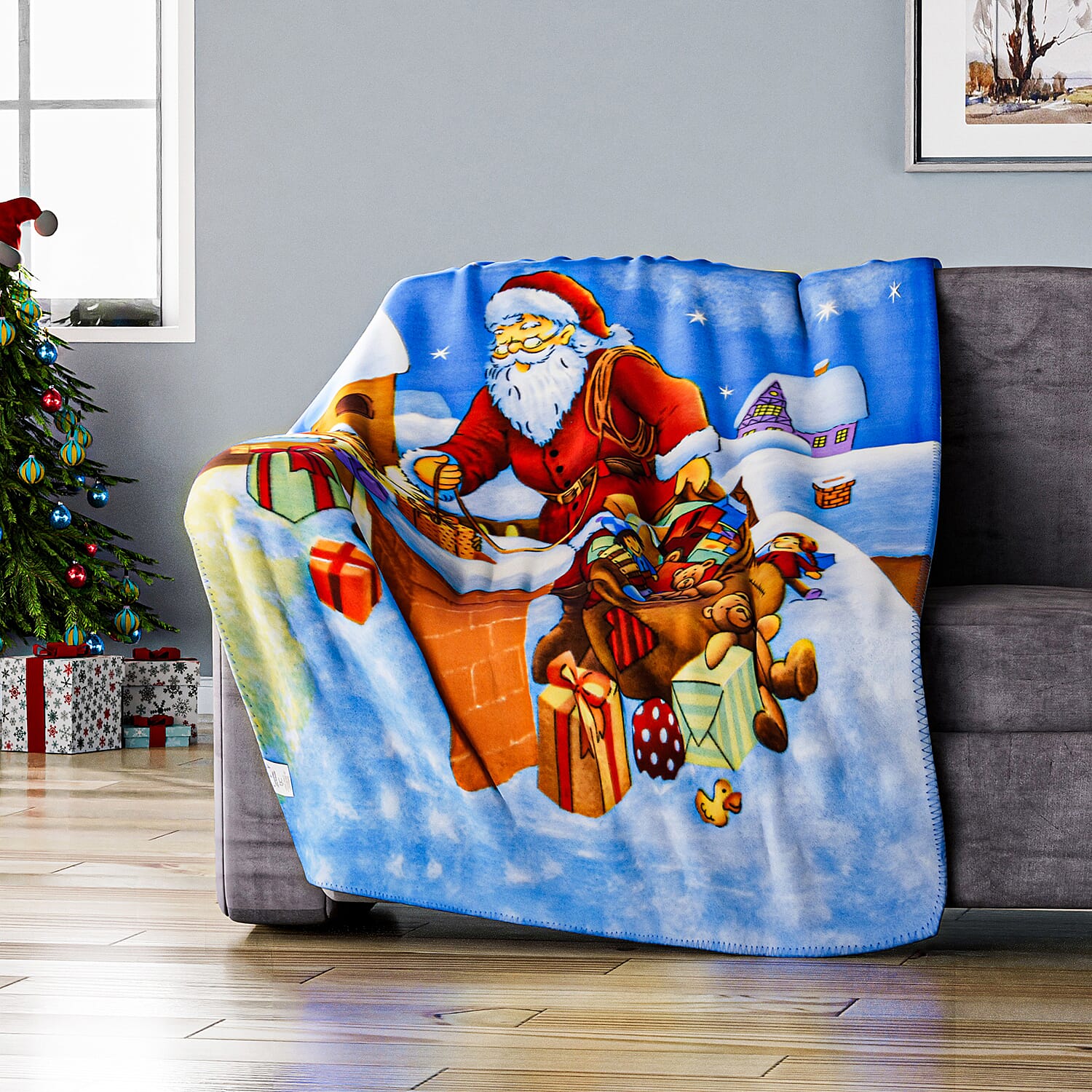 Super Soft Starry Night and Santa with Gifts Print Pattern Fleece Throw - 220 Gsm - (Size 170x130 cm)