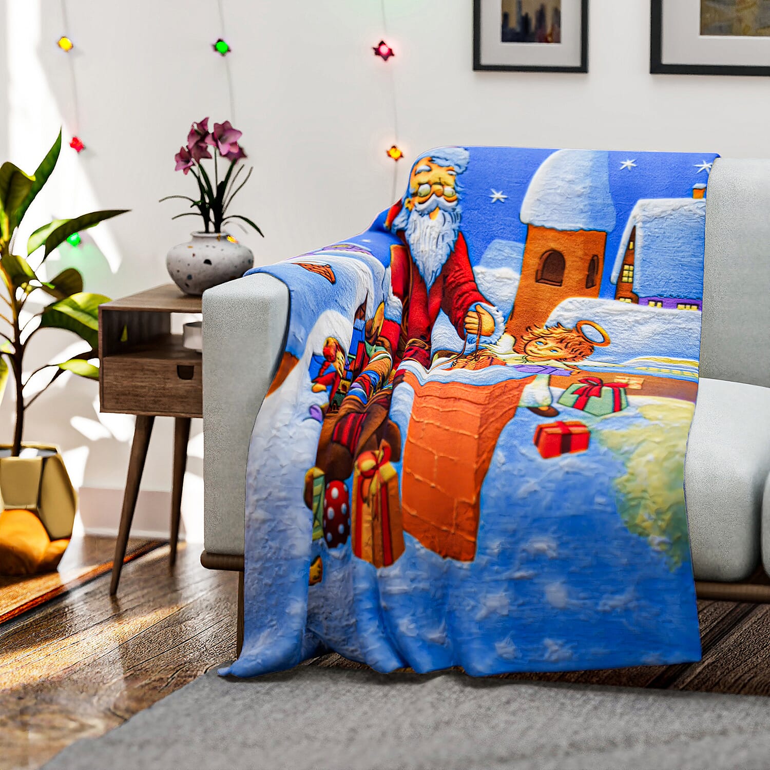 Super Soft Starry Night and Santa with Gifts Print Pattern Fleece Throw - 220 Gsm - (Size 170x130 cm)