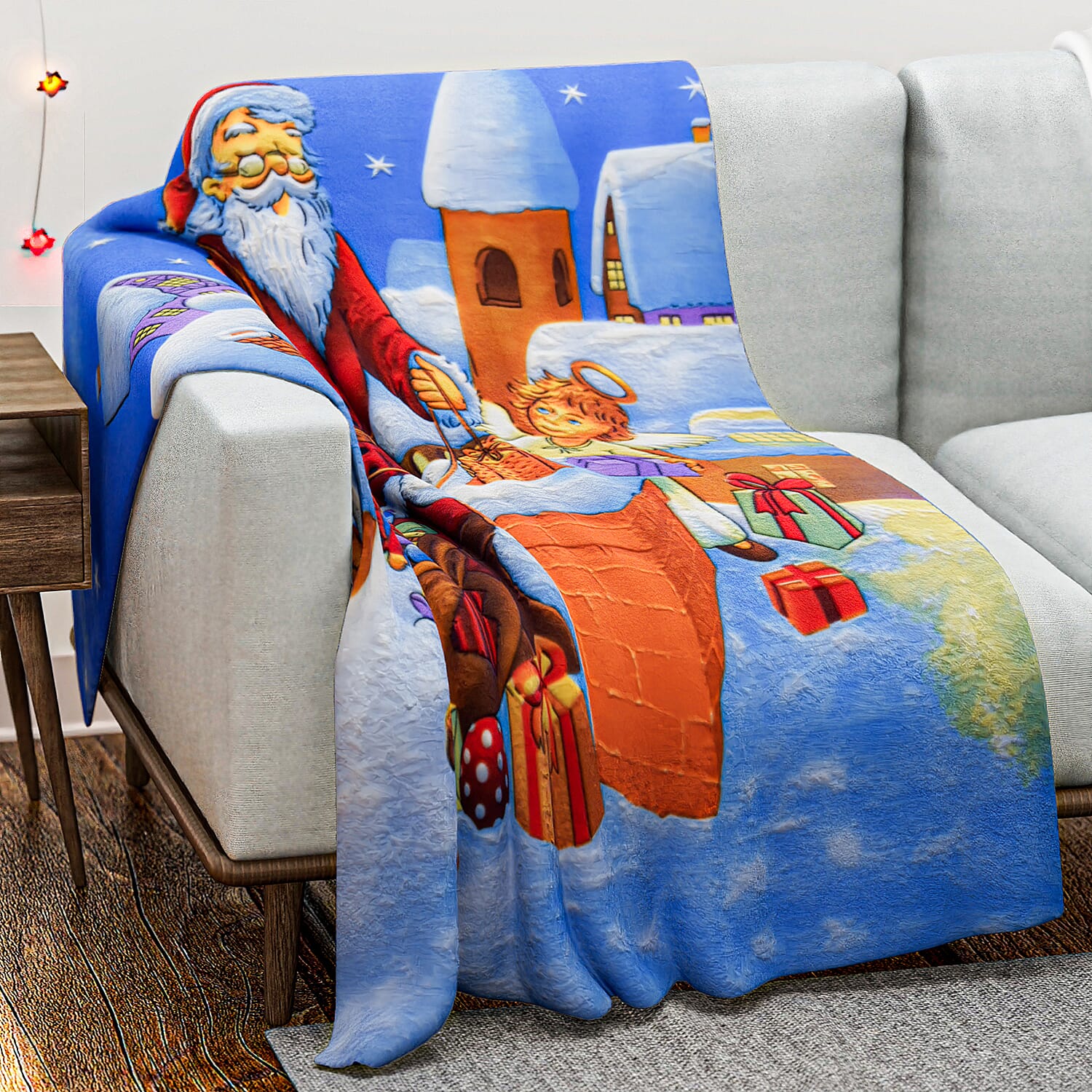 Super Soft Starry Night and Santa with Gifts Print Pattern Fleece Throw - 220 Gsm - (Size 170x130 cm)
