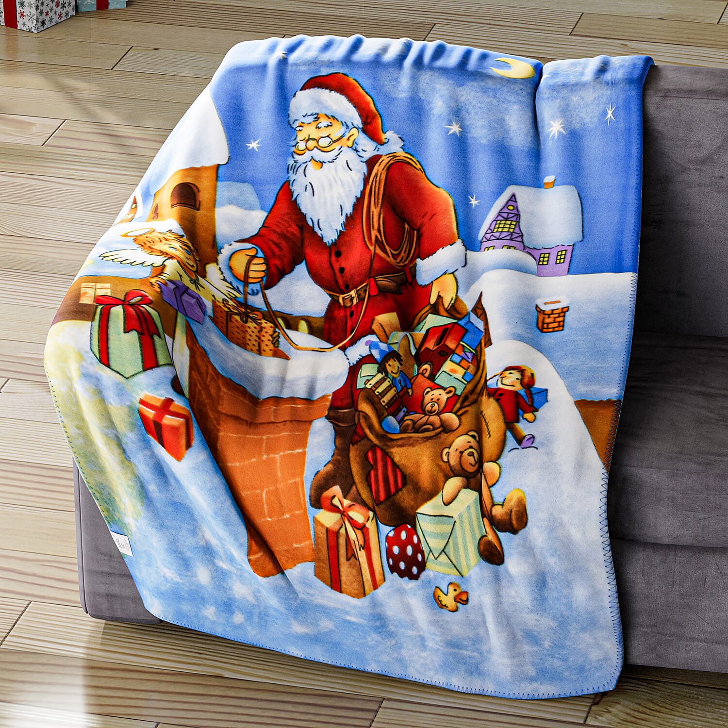 Super Soft Starry Night and Santa with Gifts Print Pattern Fleece Throw - 220 Gsm - (Size 170x130 cm)