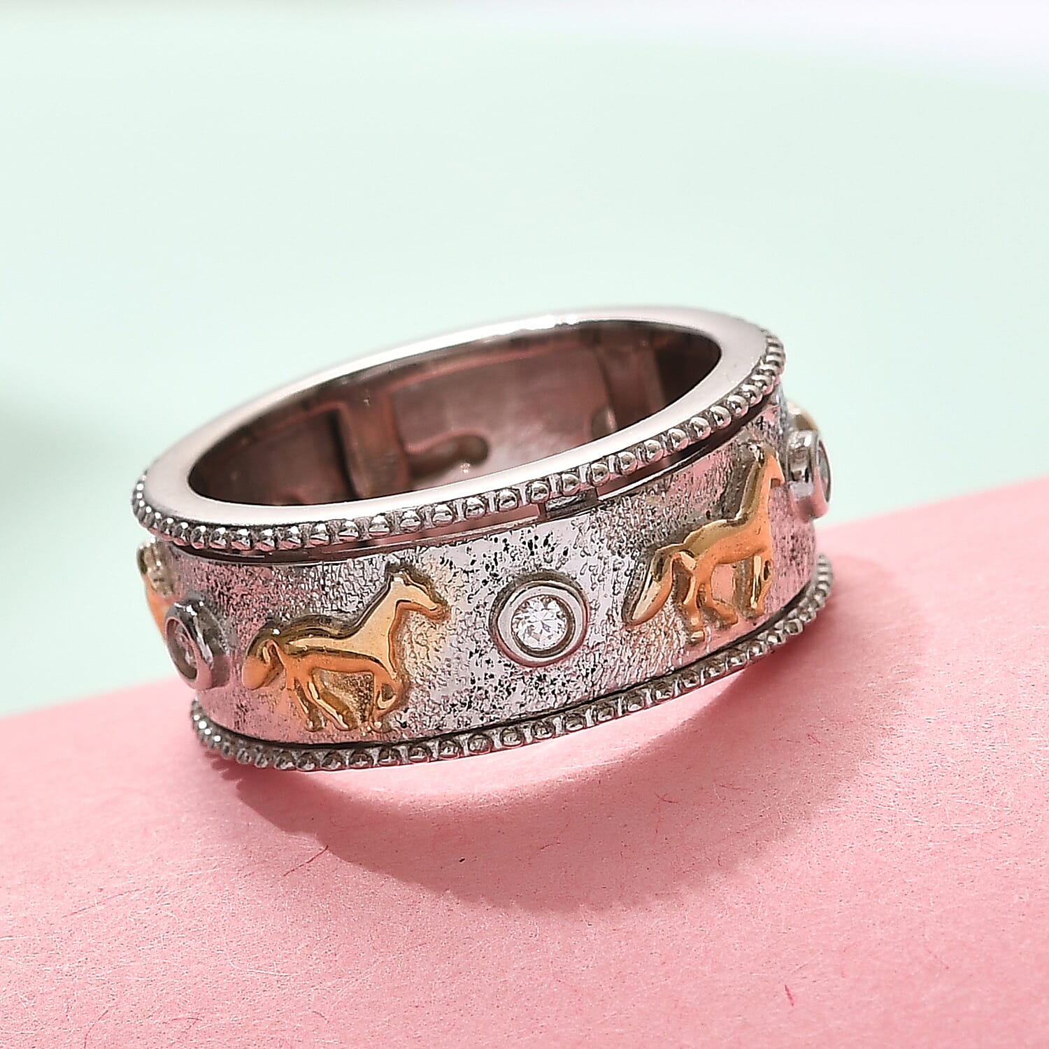 Lustro Stella Platinum and Yellow Gold Overlay Sterling Silver Horse Spinner Ring Made with Finest CZ, Silver wt. 5.99 Gms