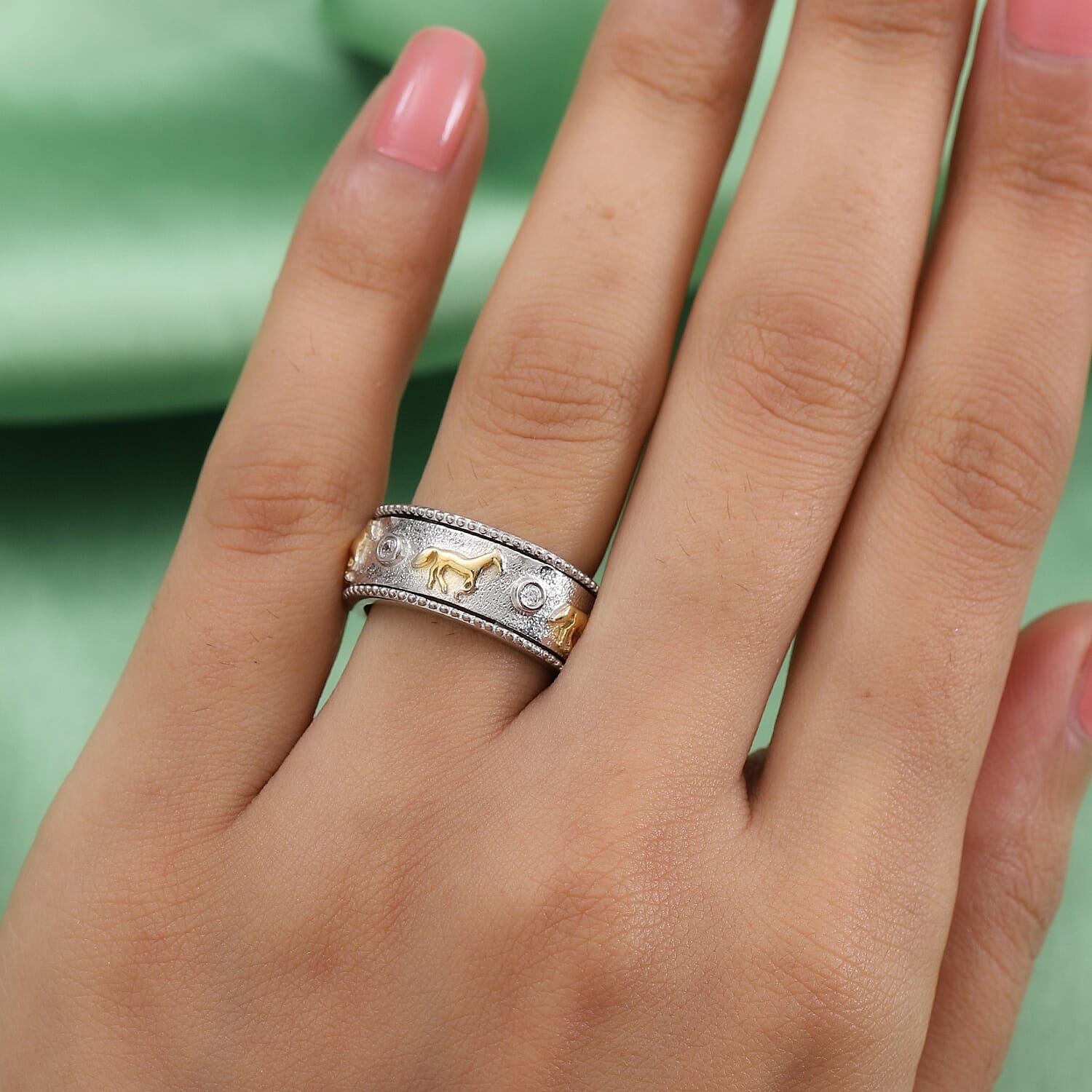 Lustro Stella Platinum and Yellow Gold Overlay Sterling Silver Horse Spinner Ring Made with Finest CZ, Silver wt. 5.99 Gms