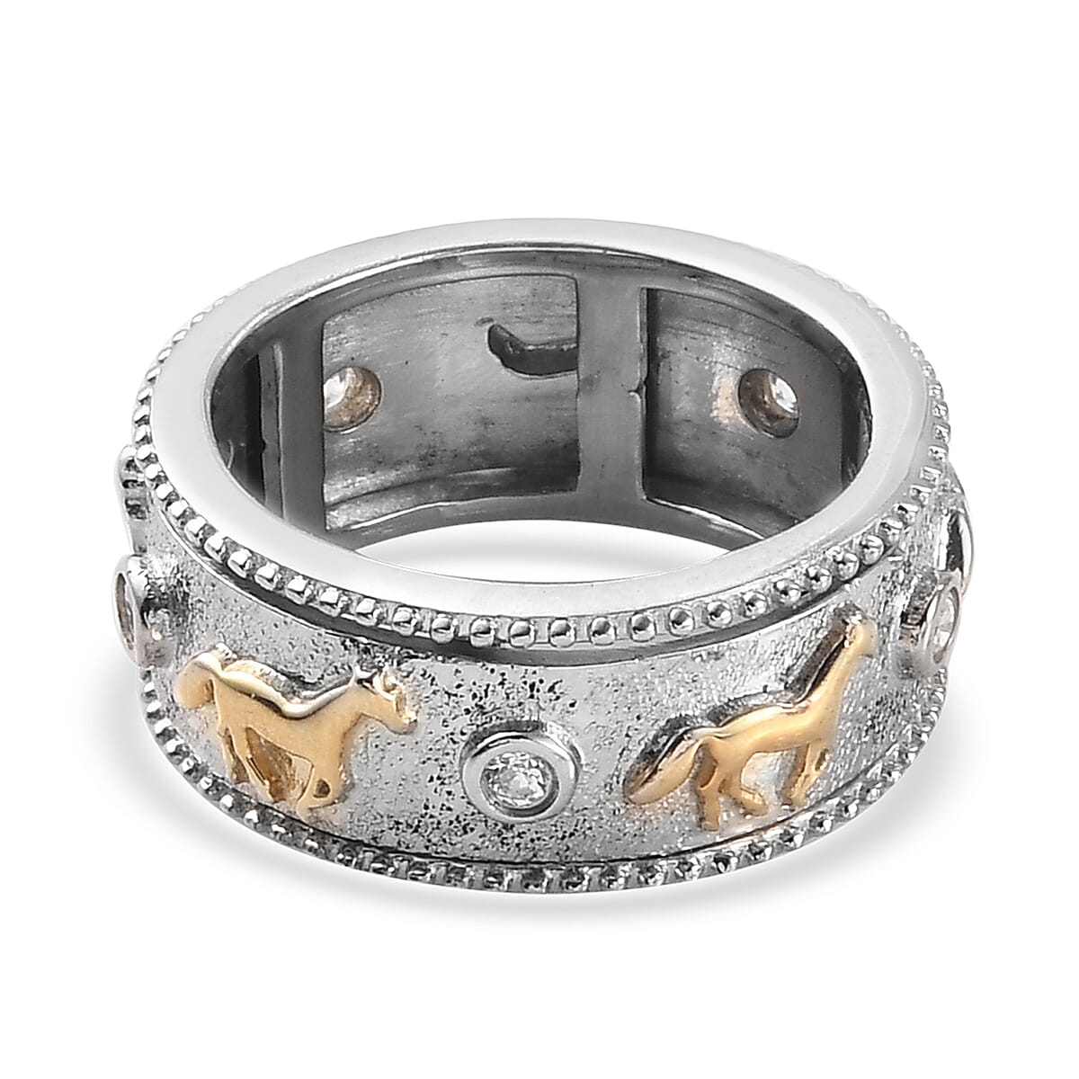 Lustro Stella Platinum and Yellow Gold Overlay Sterling Silver Horse Spinner Ring Made with Finest CZ, Silver wt. 5.99 Gms
