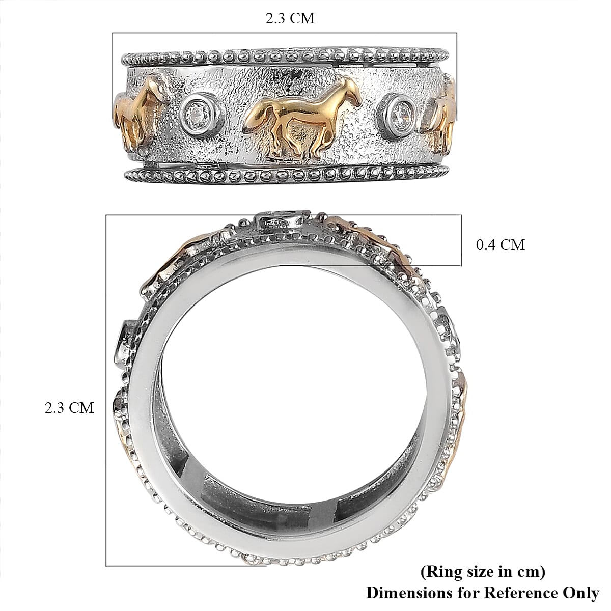 Lustro Stella Platinum and Yellow Gold Overlay Sterling Silver Horse Spinner Ring Made with Finest CZ, Silver wt. 5.99 Gms