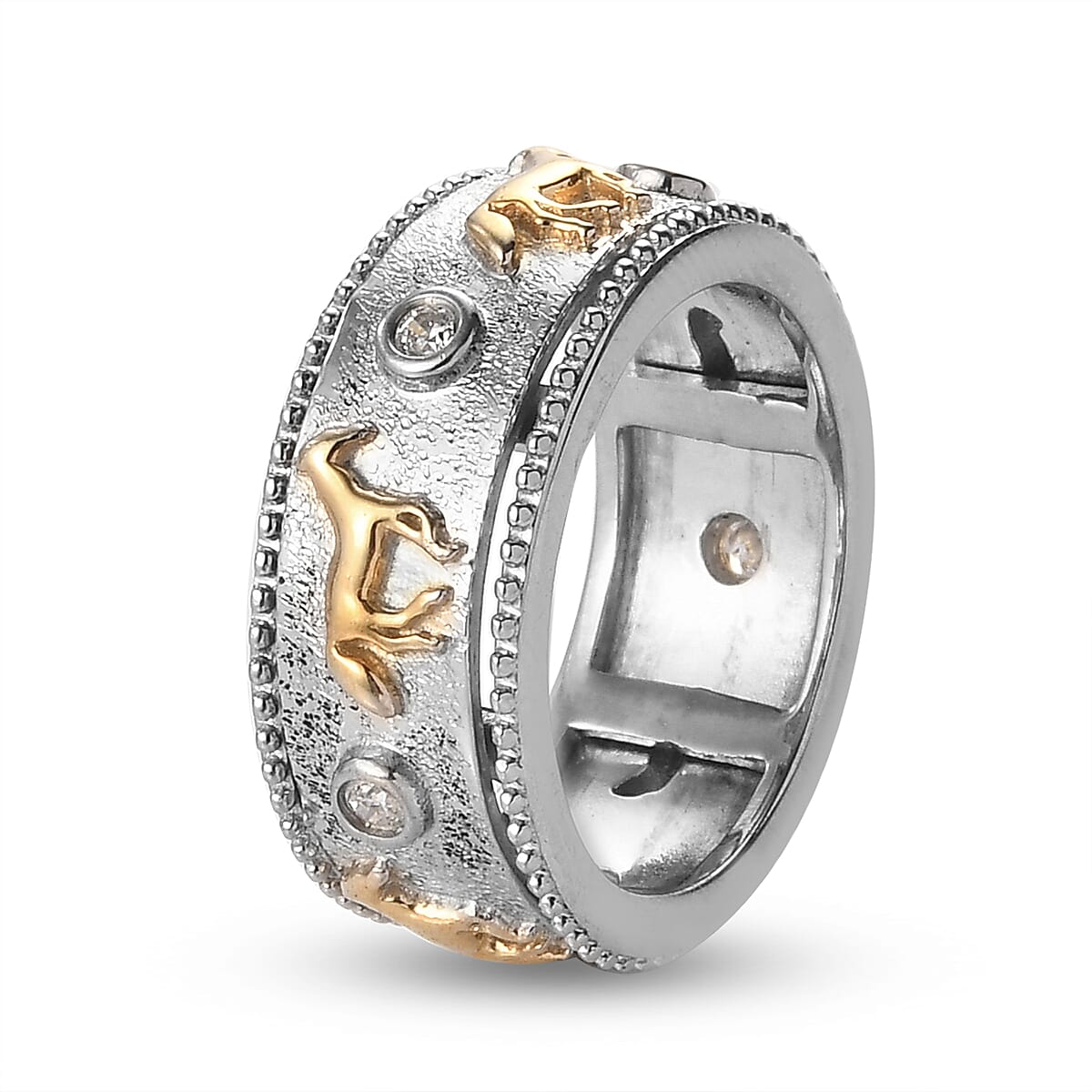 Lustro Stella Platinum and Yellow Gold Overlay Sterling Silver Horse Spinner Ring Made with Finest CZ, Silver wt. 6.45 Gms