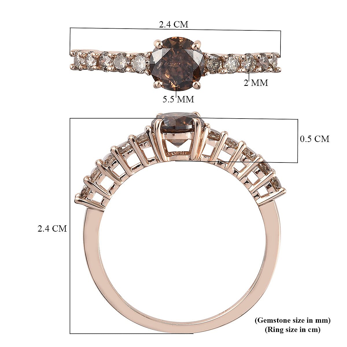 9K Rose Gold SGL Certified Natural Champagne Diamond (I3) Ring 1.08 Ct.