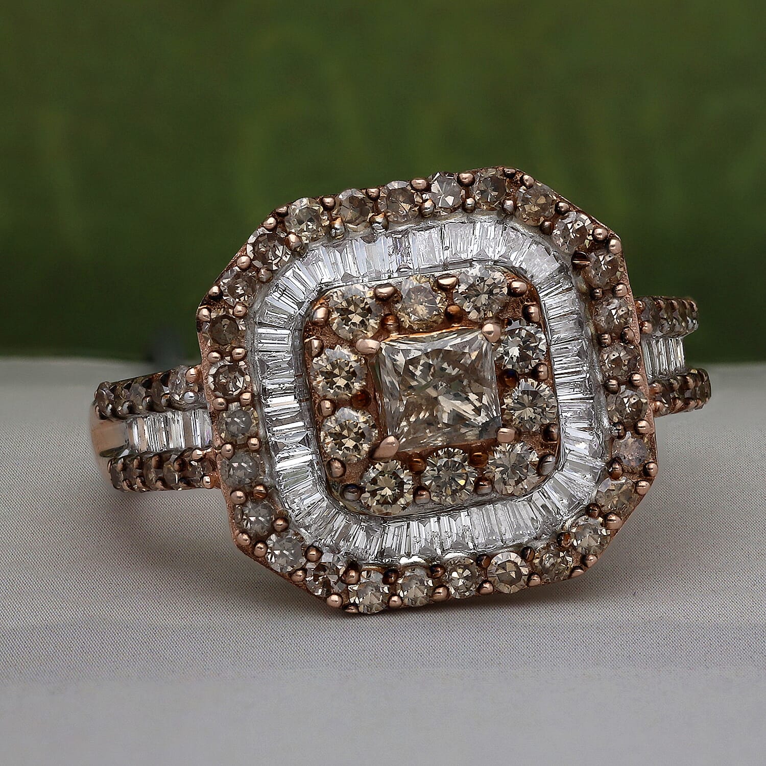 9K Rose Gold SGL Certified Champagne (I3) and White Diamond (G-H - I3) Ring 2.00 Ct, Gold Wt. 5.60 Gms