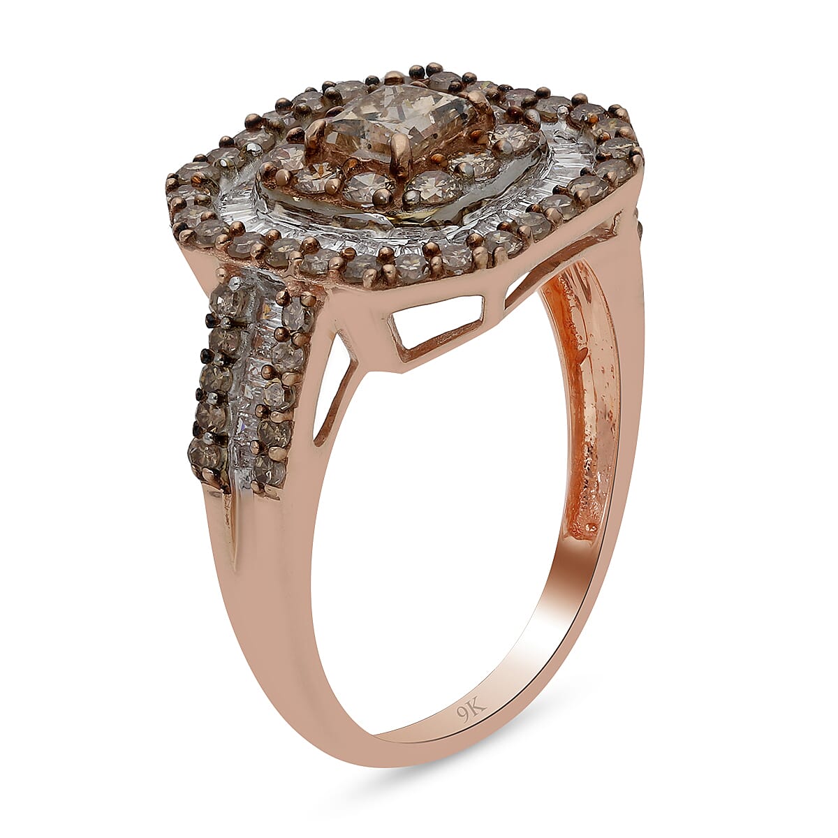 9K Rose Gold SGL Certified Champagne (I3) and White Diamond (G-H - I3) Ring 2.00 Ct, Gold Wt. 5.60 Gms