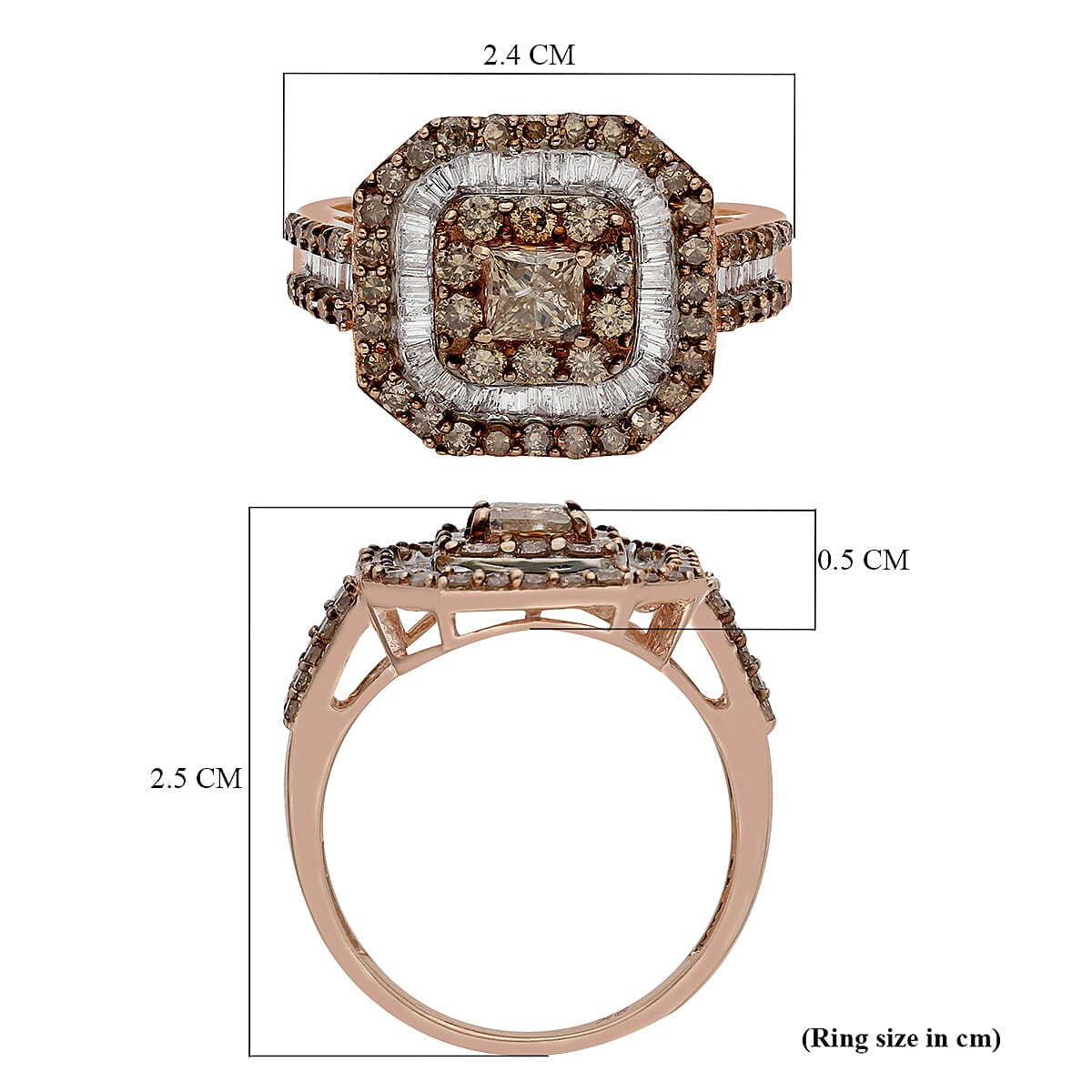 9K Rose Gold SGL Certified Champagne (I3) and White Diamond (G-H - I3) Ring 2.00 Ct, Gold Wt. 5.60 Gms