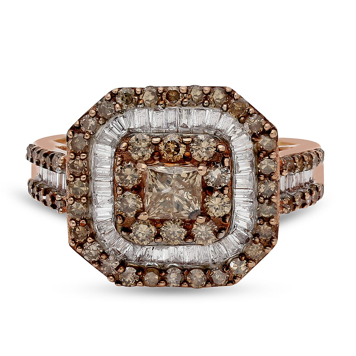 9K Rose Gold SGL Certified Champagne (I3) and White Diamond (G-H - I3) Ring 2.00 Ct, Gold Wt. 5.60 Gms