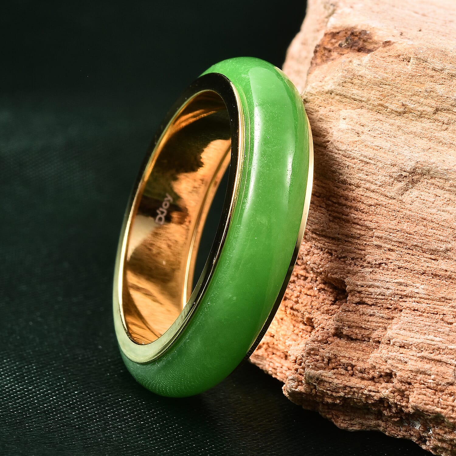 Green Jade Band Ring in Yellow Gold Overlay Sterling Silver 13.50 Ct.