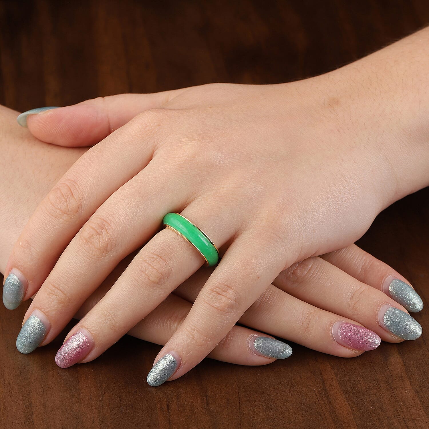 Green Jade Band Ring in Yellow Gold Overlay Sterling Silver 13.50 Ct.