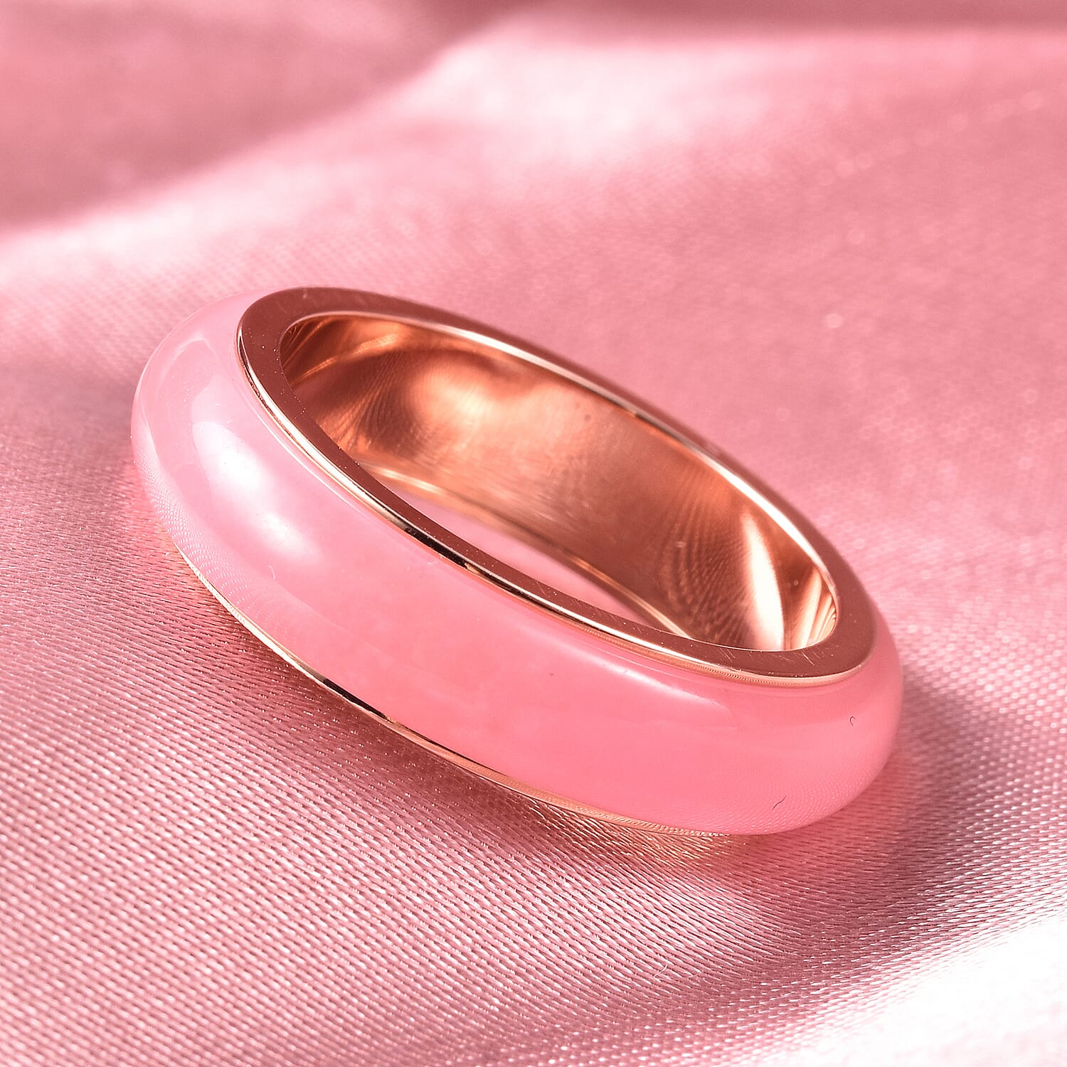 Pink Jade Band Ring in Rose Gold Overlay Sterling Silver 13.50 Ct.