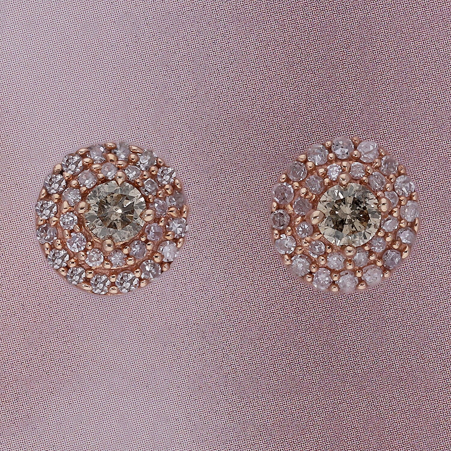 9K Rose Gold Natural Champagne & Pink Diamond Halo Stud Earrings 0.50 Ct.