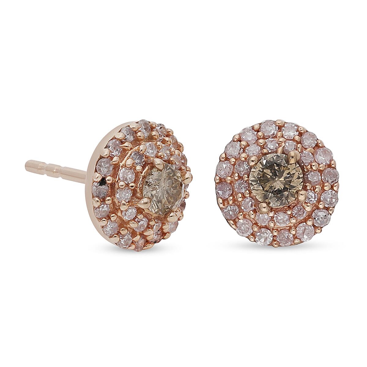 9K Rose Gold Natural Champagne & Pink Diamond Halo Stud Earrings 0.50 Ct.