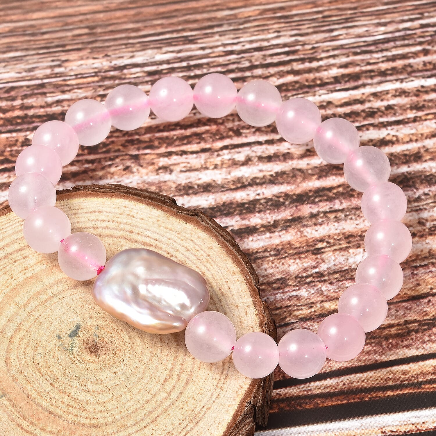 Multi Colour Keshi Pearl and Rose Quartz Stretchable Bracelet (Size 7)