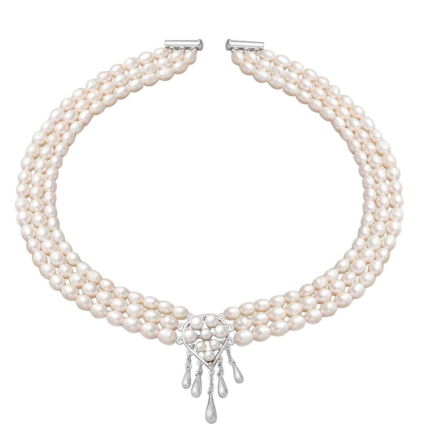 LucyQ Molten Pearl Collection - White Freshwater Pearl Necklace (Size - 18) with Clasp in Rhodium Overlay Sterling Silver, Silver Wt. 9.20 Gms