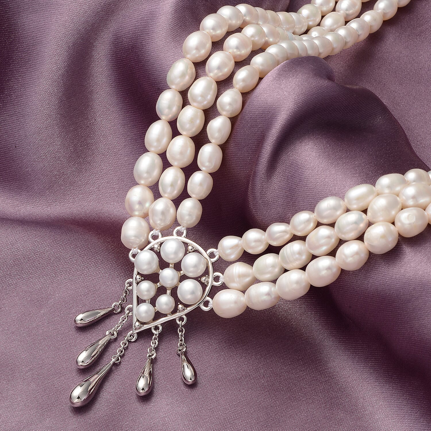 LucyQ Molten Pearl Collection - White Freshwater Pearl Necklace (Size - 18) with Clasp in Rhodium Overlay Sterling Silver, Silver Wt. 9.20 Gms