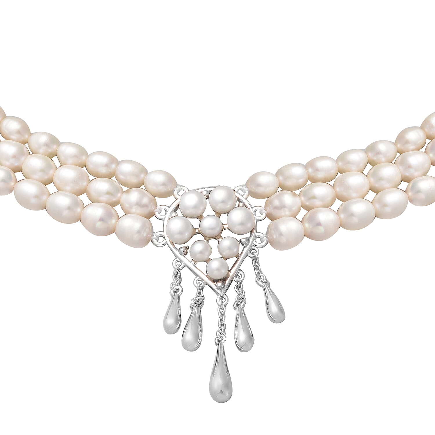 LucyQ Molten Pearl Collection - White Freshwater Pearl Necklace (Size - 18) with Clasp in Rhodium Overlay Sterling Silver, Silver Wt. 9.20 Gms