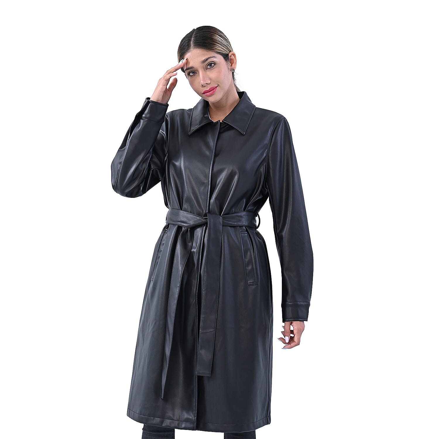 TAMSY 2 Pockets Long Coat with Adjustable Waist Belt - Olive Green
