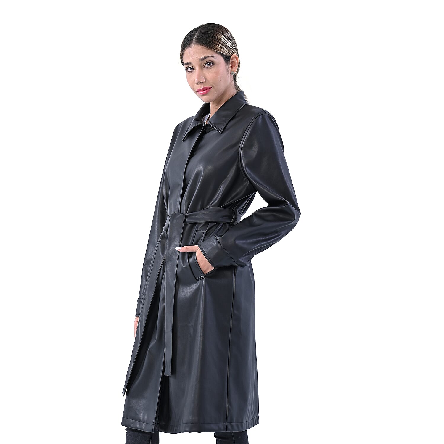 TAMSY 2 Pockets Long Coat with Adjustable Waist Belt - Olive Green