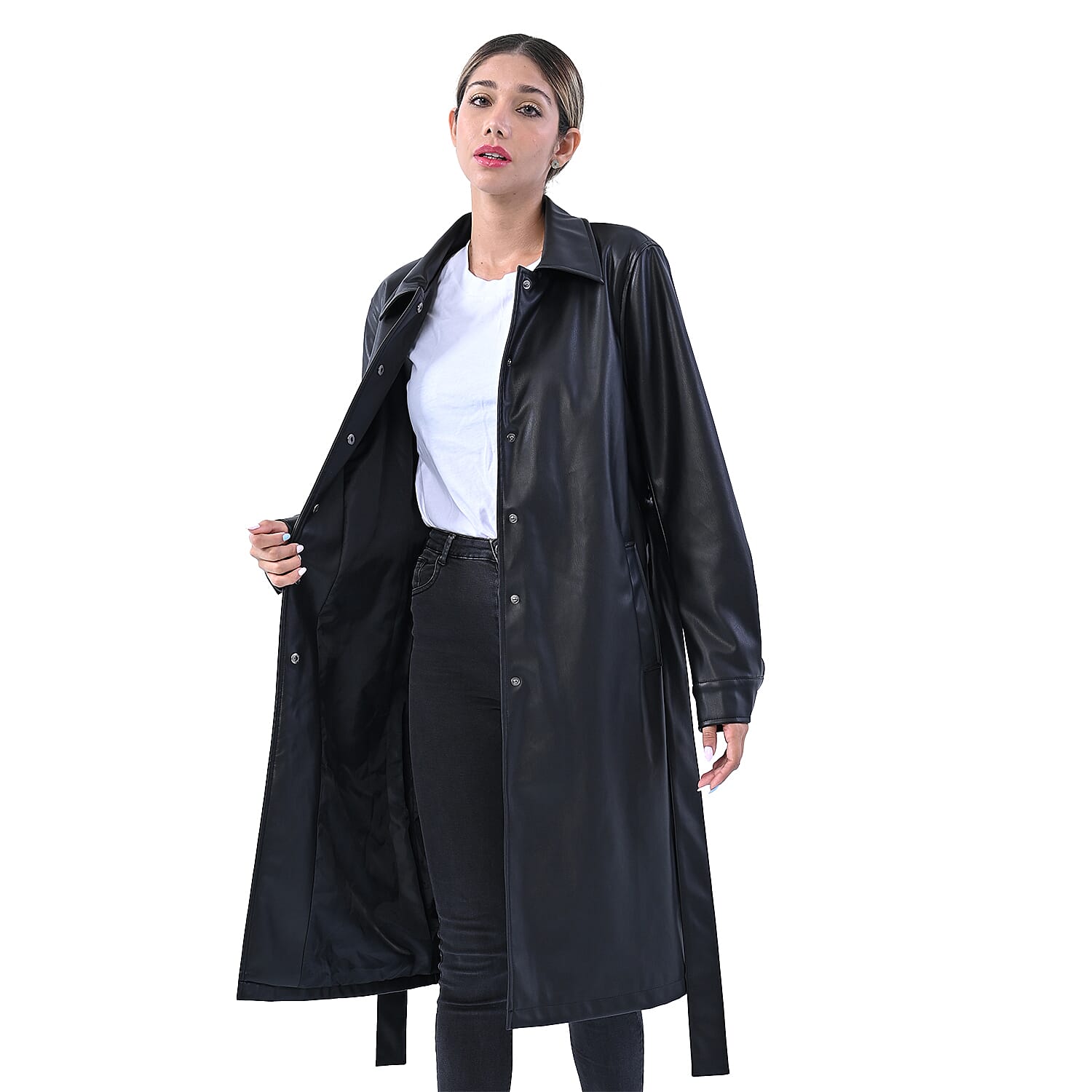 TAMSY 2 Pockets Long Coat with Adjustable Waist Belt - Olive Green