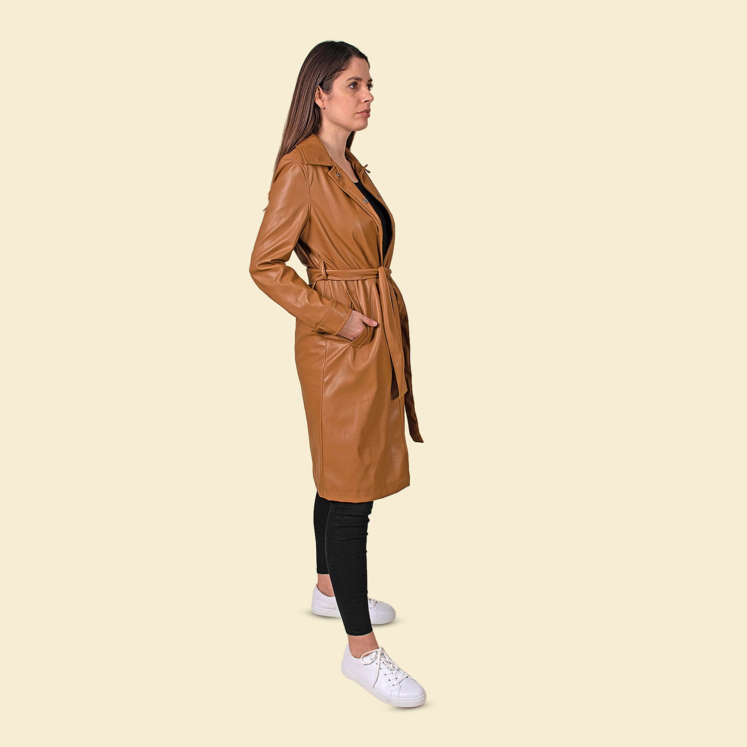 TAMSY 2 Pockets Long Coat with Adjustable Waist Belt - Olive Green