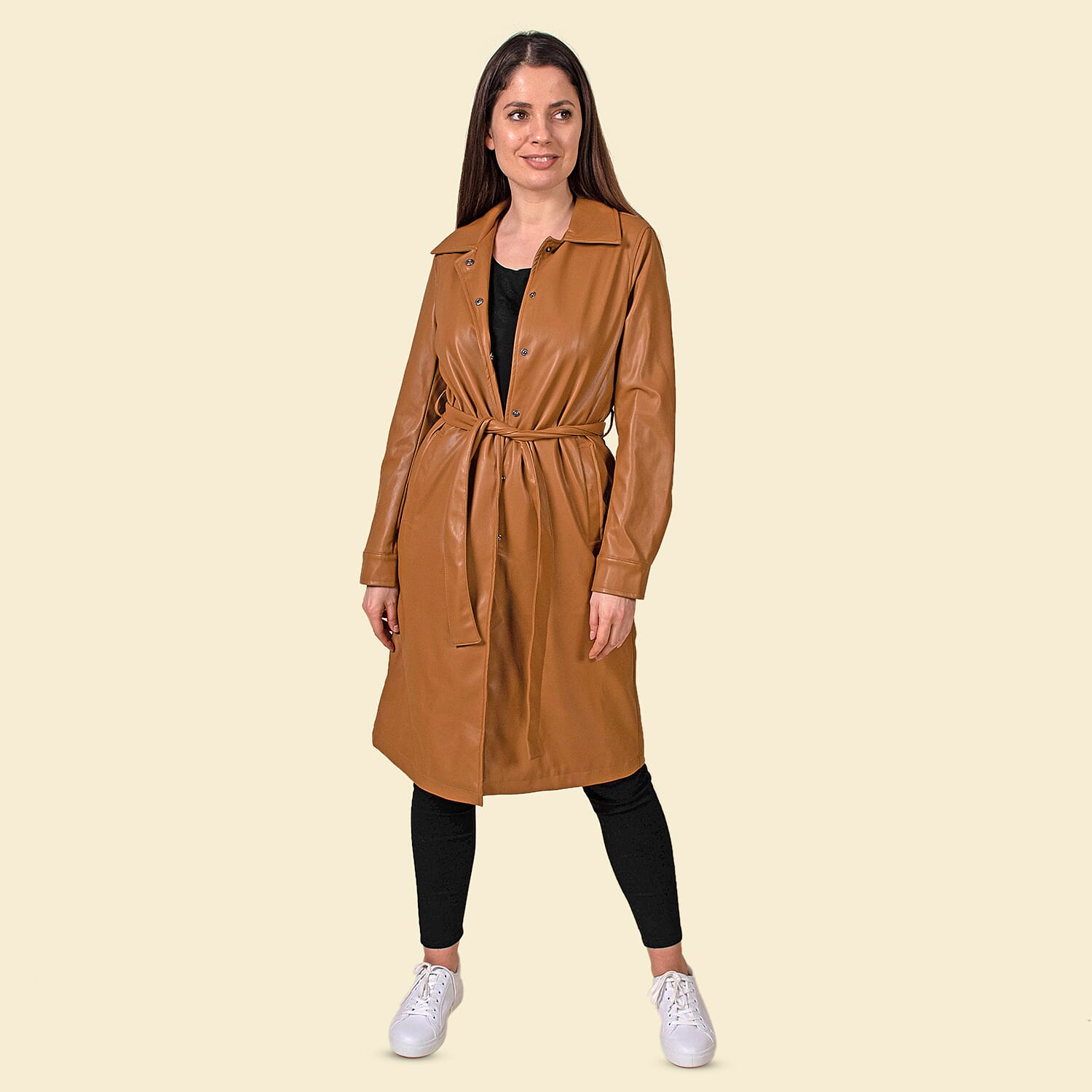 TAMSY 2 Pockets Long Coat with Adjustable Waist Belt - Olive Green