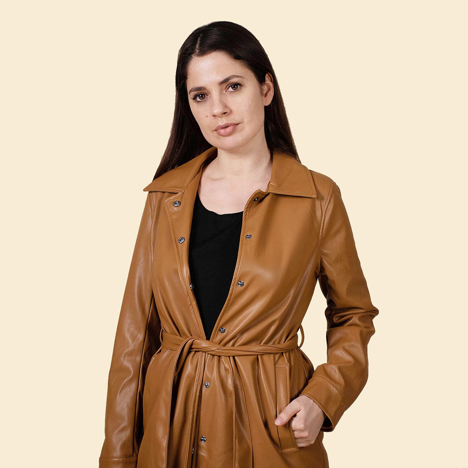 TAMSY 2 Pockets Long Coat with Adjustable Waist Belt - Olive Green