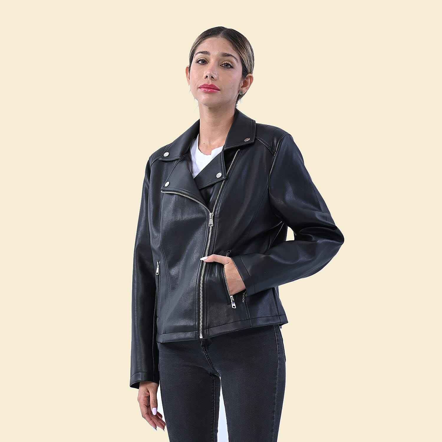 TAMSY Faux Leather Biker Style Jacket - Small - Bust 40in CB 21.5in