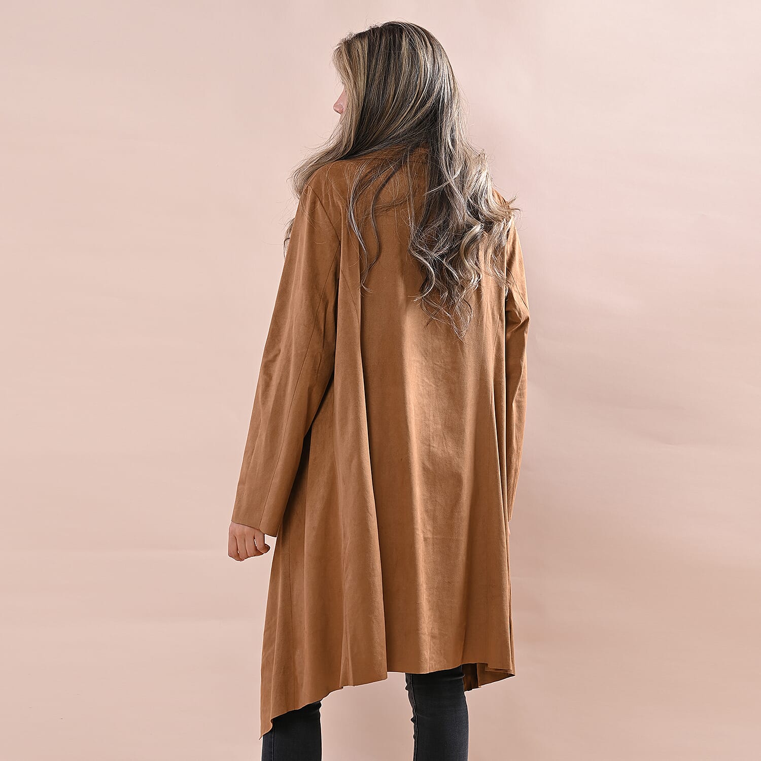 Super Find - LA MAREY Women Faux Suede Long Waterfall Open Front Jacket - Tan