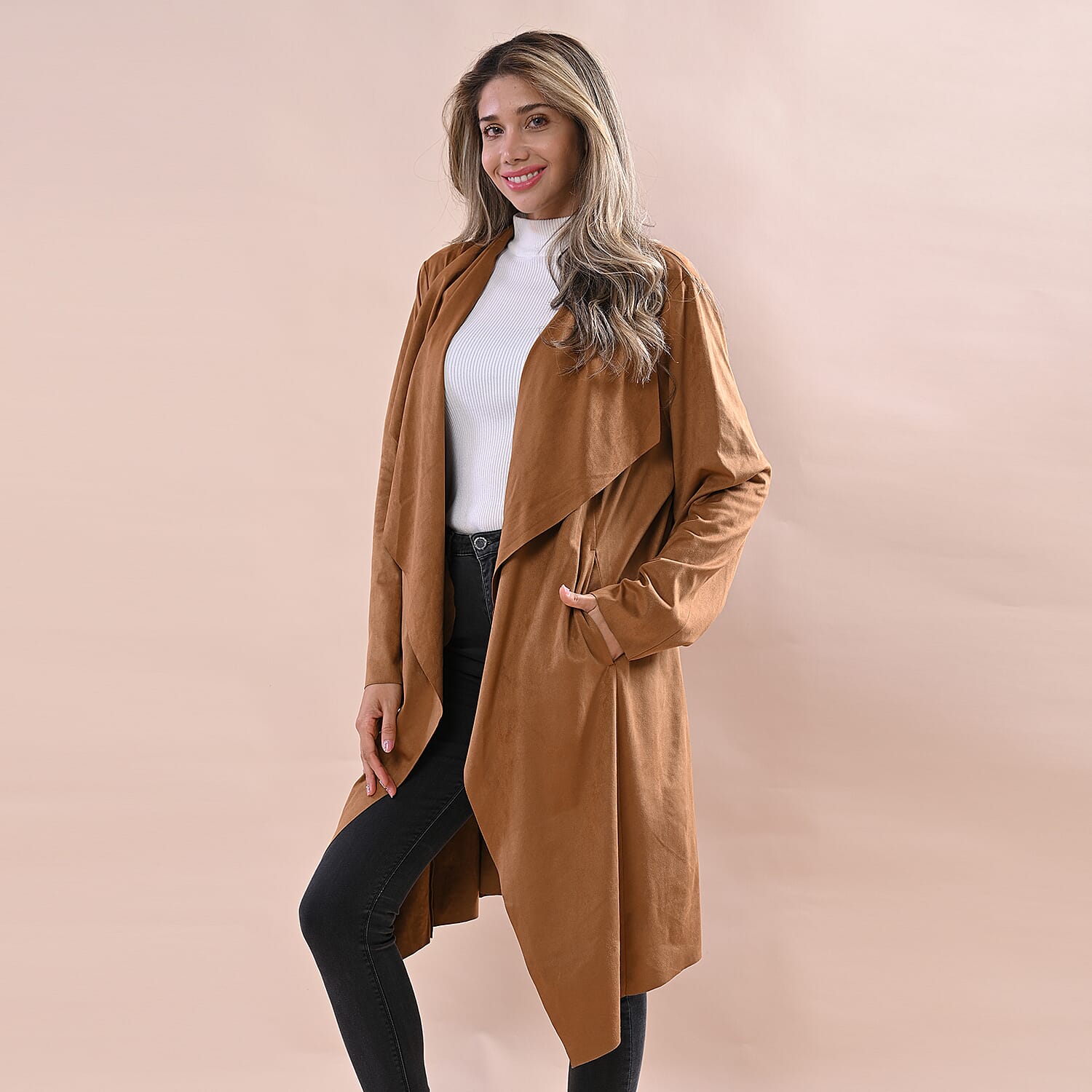 Super Find - LA MAREY Women Faux Suede Long Waterfall Open Front Jacket - Tan