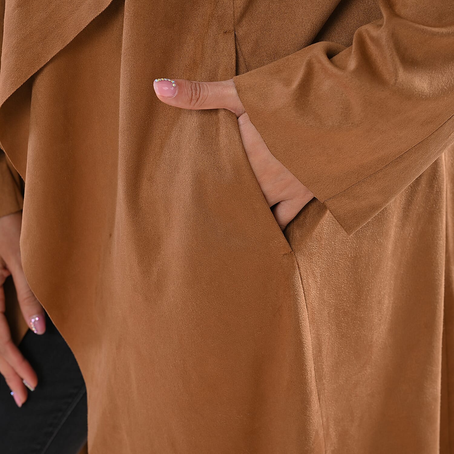 Super Find - LA MAREY Women Faux Suede Long Waterfall Open Front Jacket - Tan