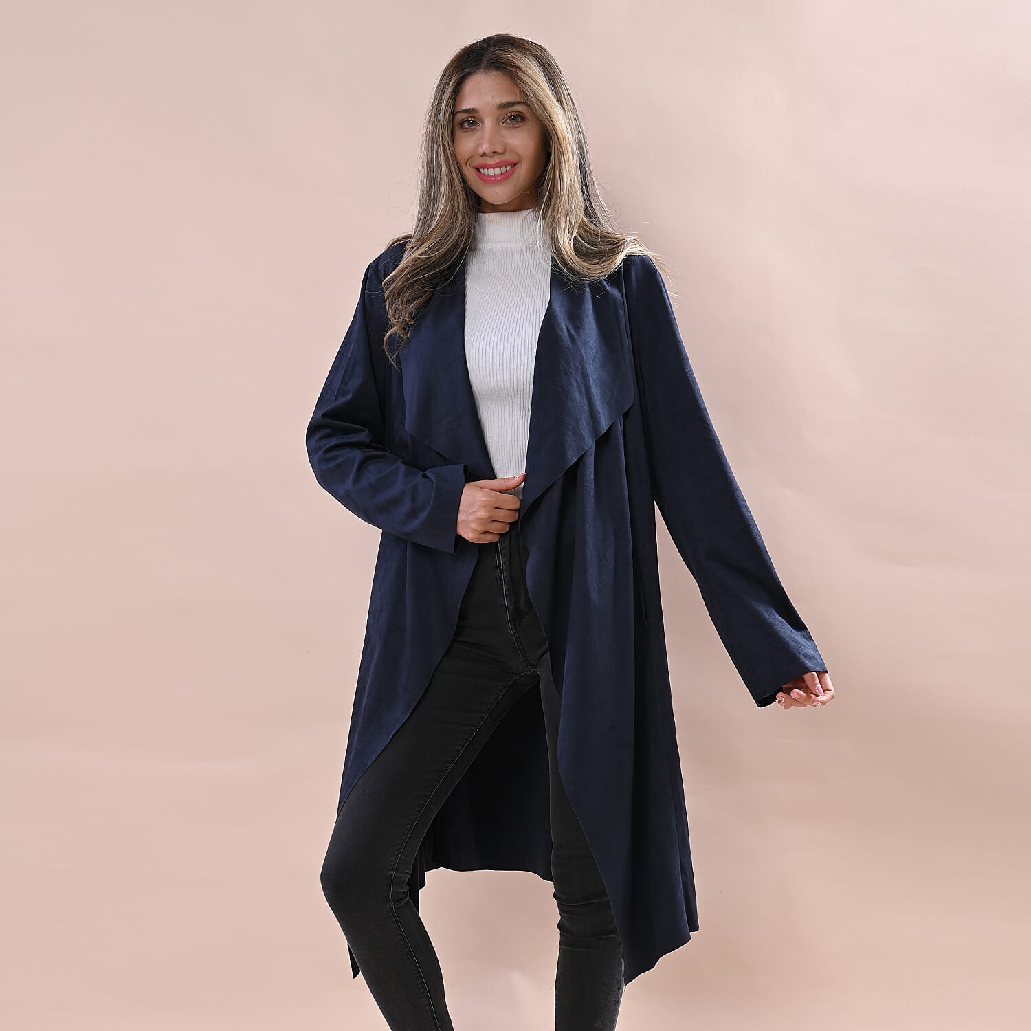 LA MAREY Faux Suede Long Waterfall Open Front Women s Jacket Blue 3868200 TJC