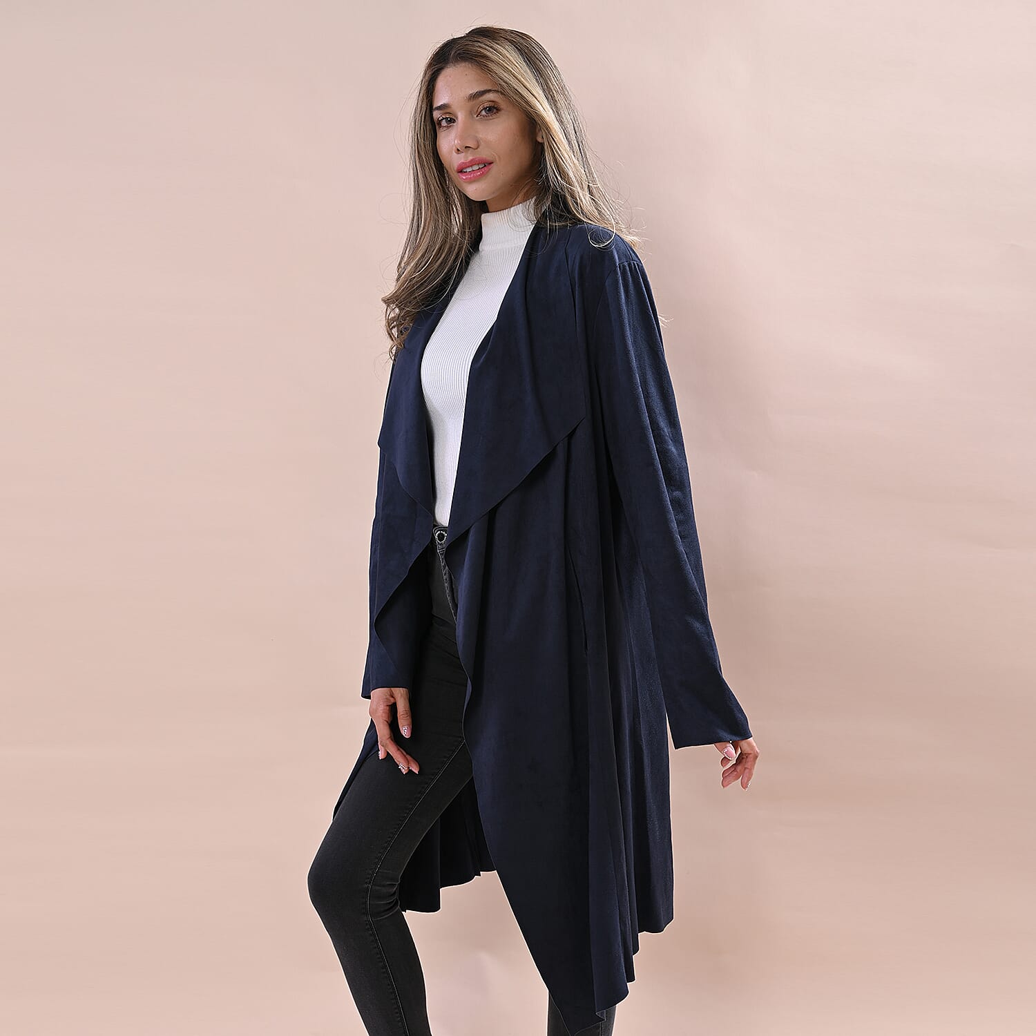 Super Find - LA MAREY Women Faux Suede Long Waterfall Open Front Jacket - Tan