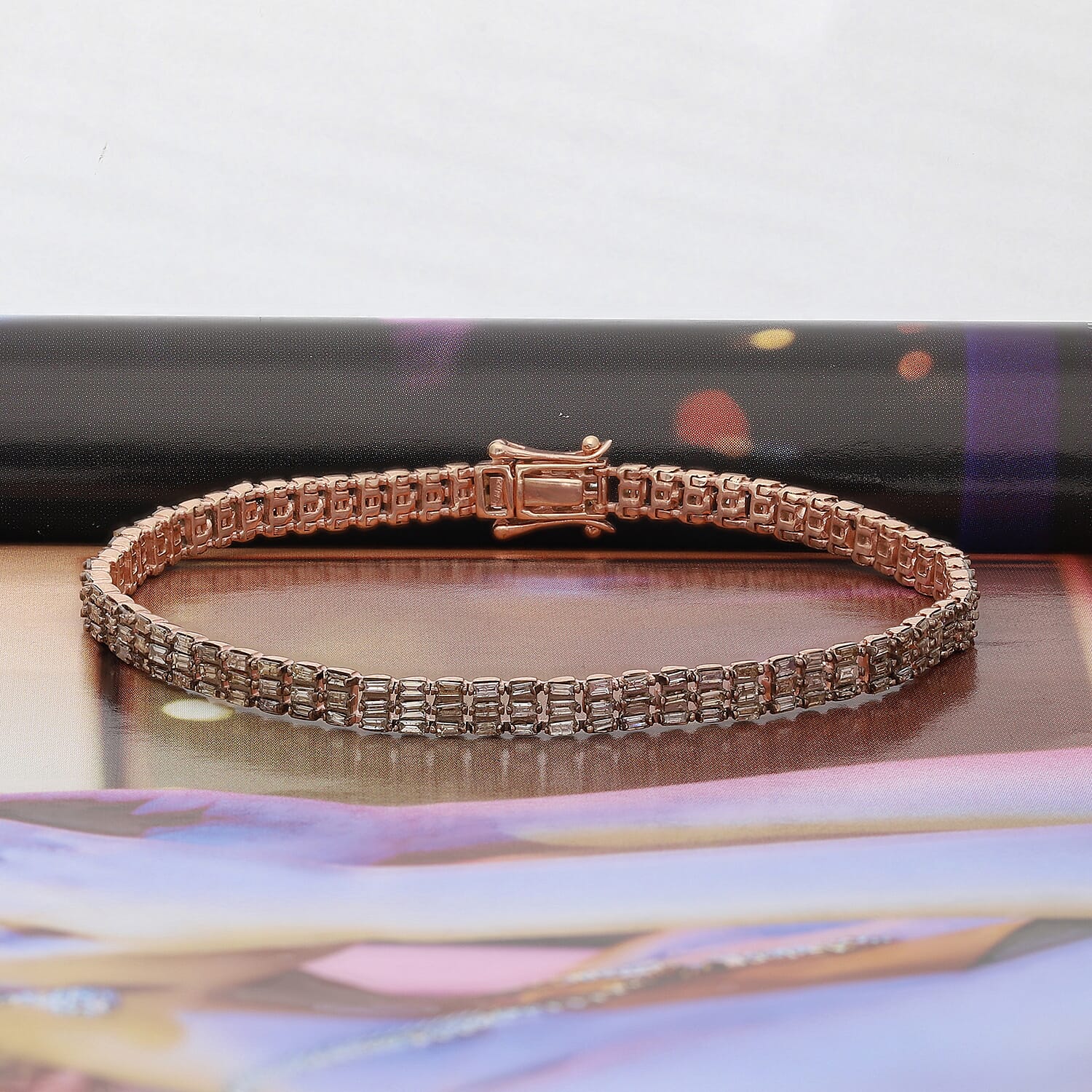 Close Out Deal- Natural Champagne Diamond Bracelet (Size - 7.5) in 18K Rose Gold Vermeil Plated Sterling Silver 3.50 Ct, Silver Wt. 10.5 Gms